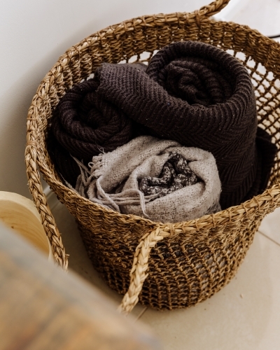 Winter Blankets in basket - Australian Stock Image