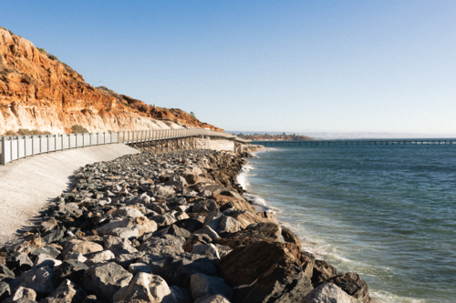 Witton Bluff Base trail Sea Wall at Port Noarlunga - Australian Stock Image