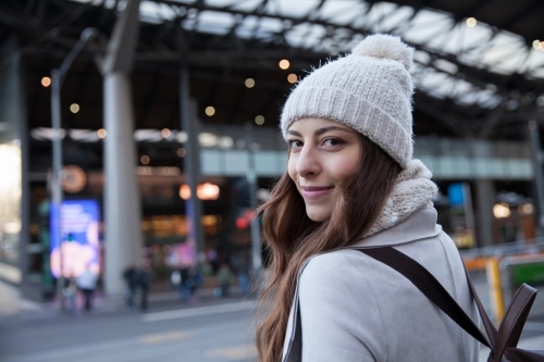 Woman enjoying Melbourne Winter Life - Australian Stock Image