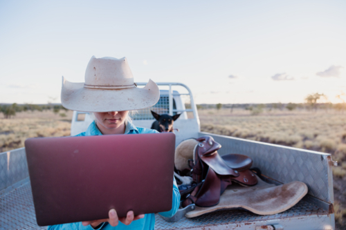 Woman holding a laptop computer sitting at the back of the ute on farm - Australian Stock Image