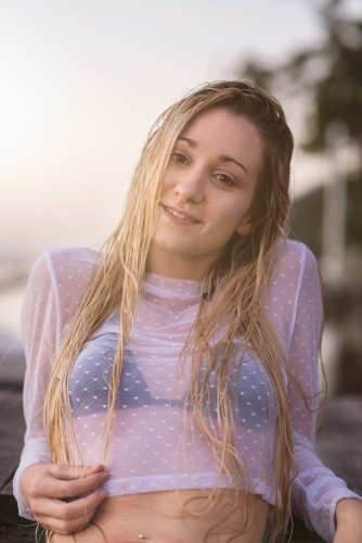 woman in bikini with long blonde hair - Australian Stock Image