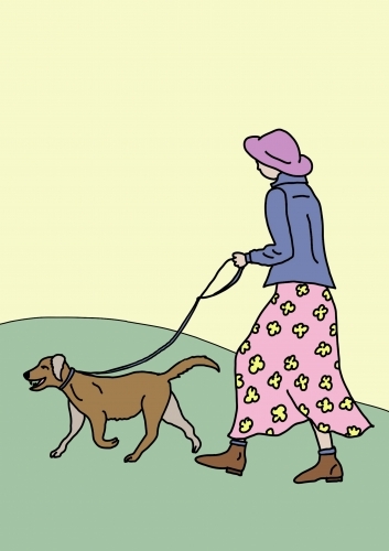 Woman in pink floral skirt, blue jacket, purple hat walking brown dog up green hill yellow sky