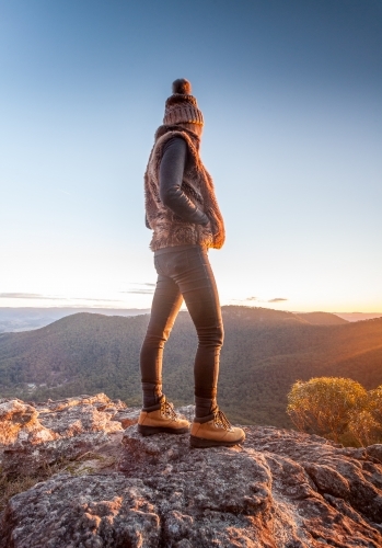Woman on mountain peak Blue Mountains - Australian Stock Image