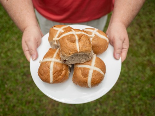 Woman's hands holding white plate of hot cross buns on green grass - Australian Stock Image