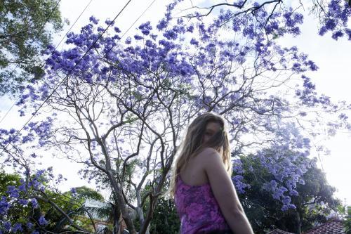 Woman standing in front of jacaranda tree - Australian Stock Image