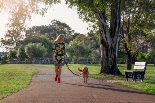 Woman walking dog in a park