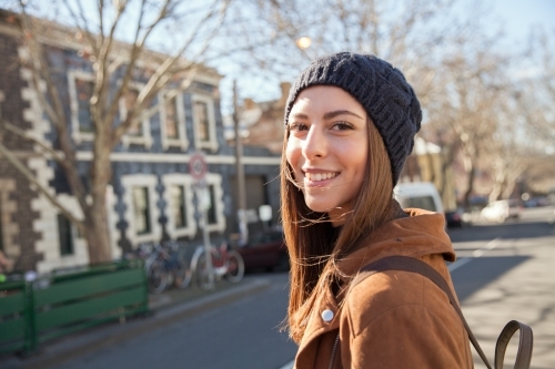 Woman walking Through Fitzroy - Australian Stock Image
