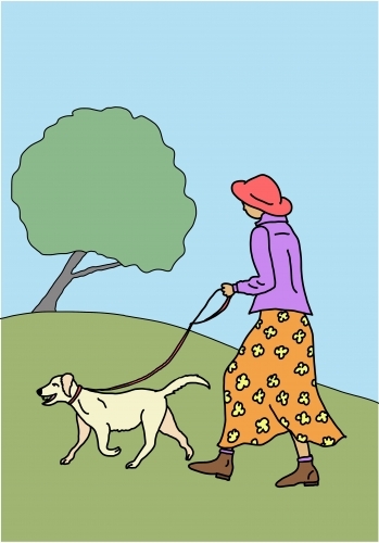 Woman with orange skirt, purple jacket, red hat, walking yellow dog up green hill with tree