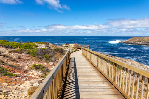 Wooden Boardwalk Leading to Coastal Viewing Platform at Admirals Arch, Kangaroo Island - Australian Stock Image