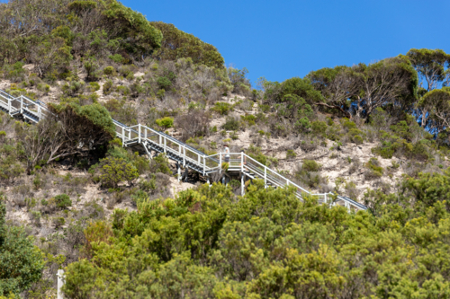Wooden Boardwalk with Stairs Ascending Prospect Hill Lookout Through Coastal Scrub, Kangaroo Island - Australian Stock Image