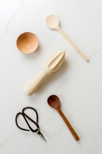 Wooden Kitchen utensils and scissors