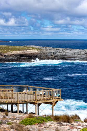 Wooden Viewing Platform at Admirals Arch Overlooking Crashing Waves, Kangaroo Island - Australian Stock Image