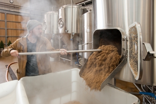 Worker removing waste mash from stainless steel tanks - Australian Stock Image