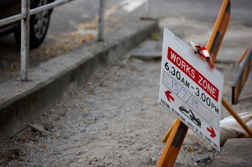 Workzone signage and construction on pavement - Australian Stock Image