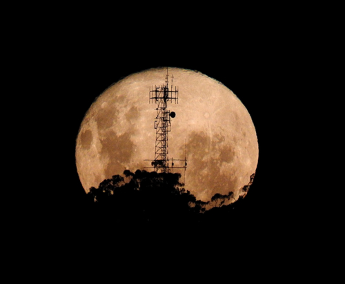 Worm moon Mt Annan rising behind communications tower - Australian Stock Image