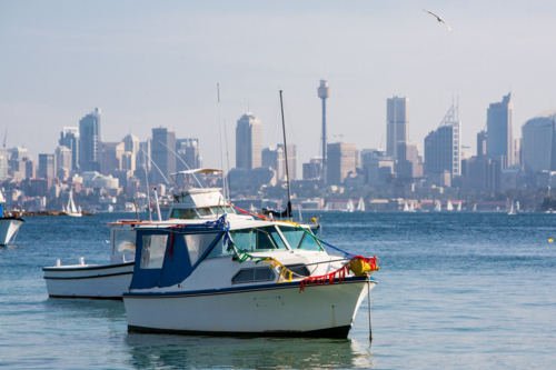 Yachts are anchored in Sydney Harbour near Watson's Bay in Sydney, Australia - Australian Stock Image