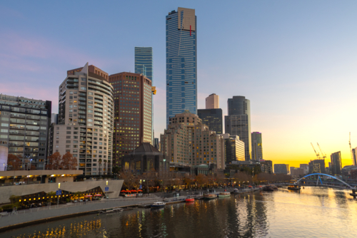 Yarra River and Melbourne skyline at dusk - Australian Stock Image