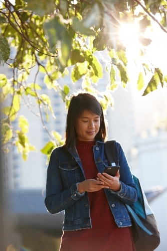 Young Asian female checking mobile phone under tree - Australian Stock Image
