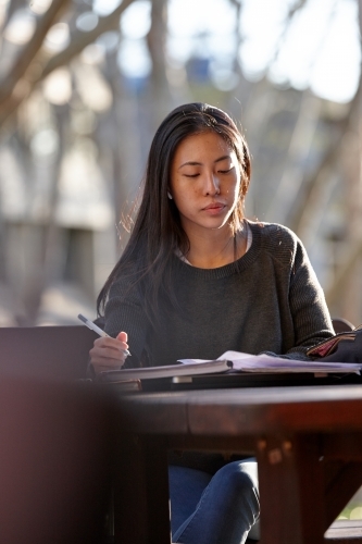 Young Asian female university student studying outdoors - Australian Stock Image