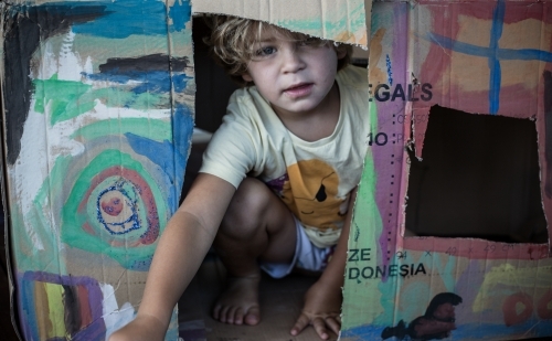 Young boy in cubby house - Australian Stock Image