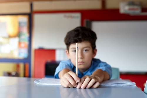 Young boy student in school classroom holding HB pencil - Australian Stock Image
