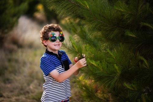Young boy wearing glasses playing with pine tree - Australian Stock Image