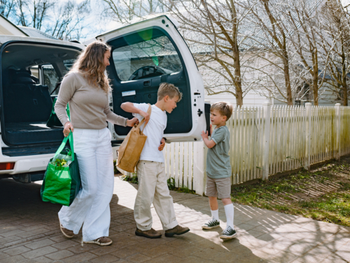 Young boys helping mum carry grocery bags from car boot - Australian Stock Image