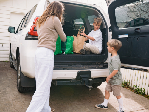 Young boys helping mum unload grocery bags from car boot - Australian Stock Image