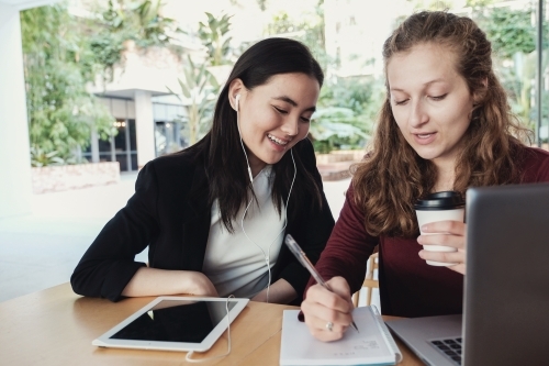 Young business women having casual meeting at coffee shop - Australian Stock Image