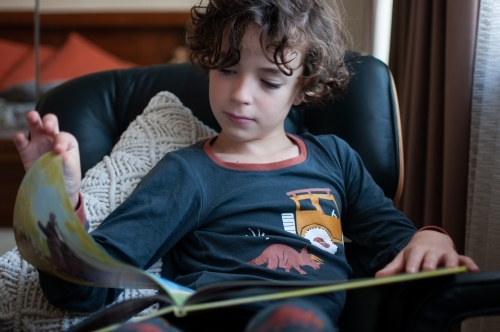 Young child reading picture book at home