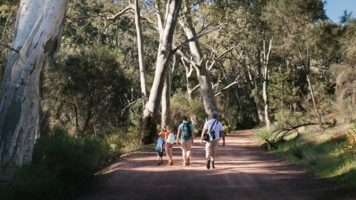 Young family walking away up a dirt road from behind - Australian Stock Image
