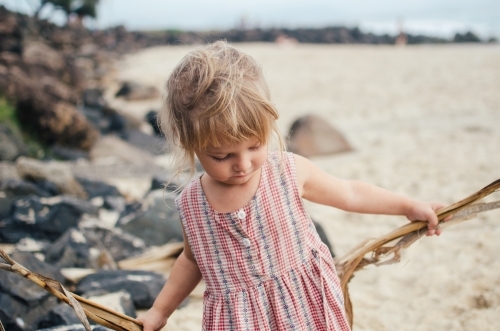 Young girl collecting wood along the beach