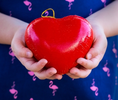 Young girl holding a red love heart in her hands Valentine - Australian Stock Image