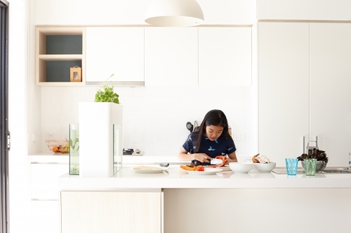 Young girl in kitchen cooking