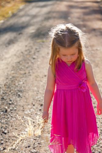 Young girl in pink dress holding a stalk of grass in the sunshine