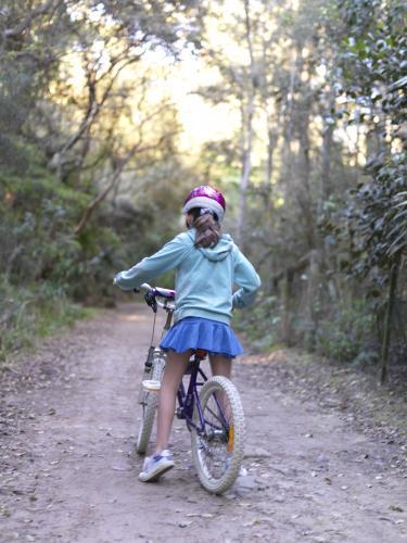 Young girl in purple helmet riding bike on bush track - Australian Stock Image