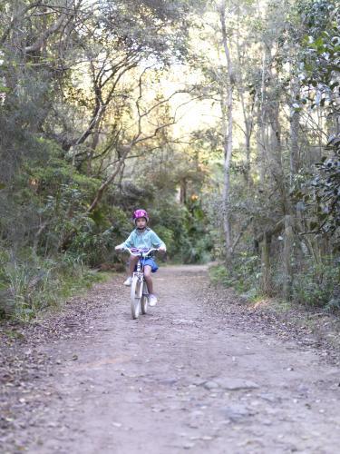 Young girl in purple helmet riding bike on bush track