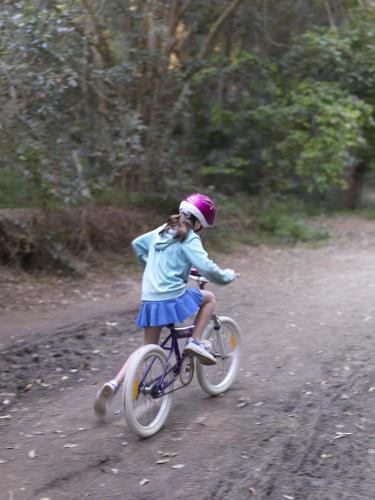 Young girl in purple helmet riding bike on bush track
