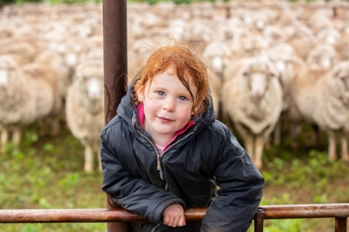 Young girl in the sheep yards on a rainy day - Australian Stock Image