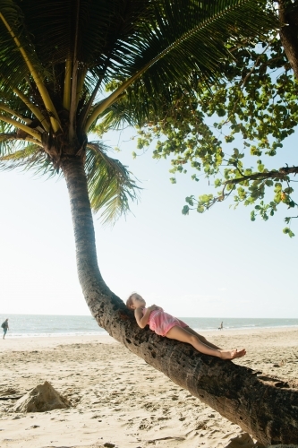 Young girl lying on a palm tree at the beach