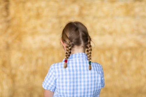 young girl with plaits seen from behind wearing blue checked blouse