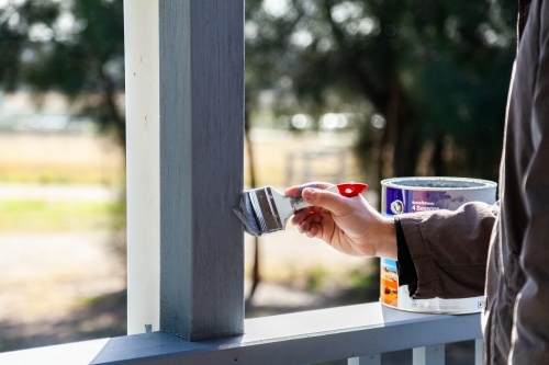 Young man tradie painting railing on house in morning with grey paint - Australian Stock Image