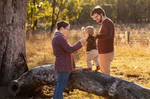 Young parents in their twenties smiling at toddler child walking on log in paddock - Australian Stock Image