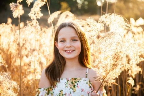 Young tween girl and bulrushes backlit by golden sunlight - Australian Stock Image