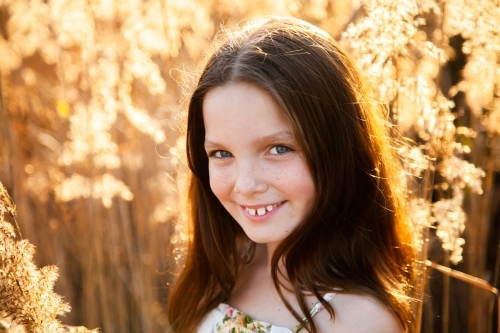 Young tween girl and bulrushes backlit by golden sunlight - Australian Stock Image