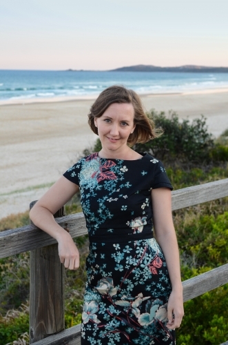 Young woman dressed up on a boardwalk at Yamba - Australian Stock Image