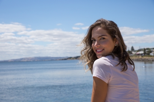 Young Woman Enjoying Summer at Phillip Island - Australian Stock Image