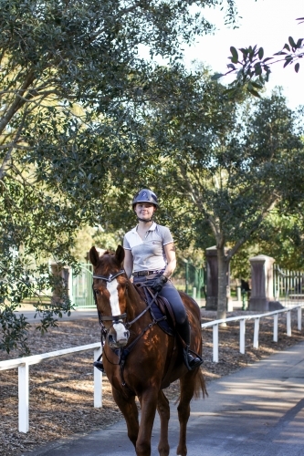 Young woman horse riding in park - Australian Stock Image