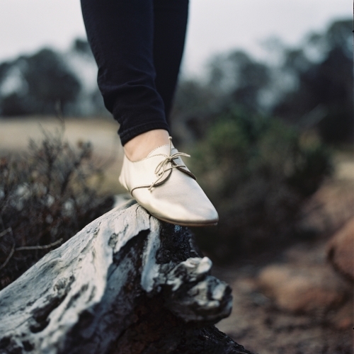 Young Woman Standing on Log - Australian Stock Image