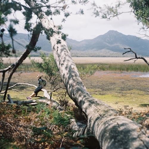 Young Woman Taking a Rest from Bushwalking - Australian Stock Image